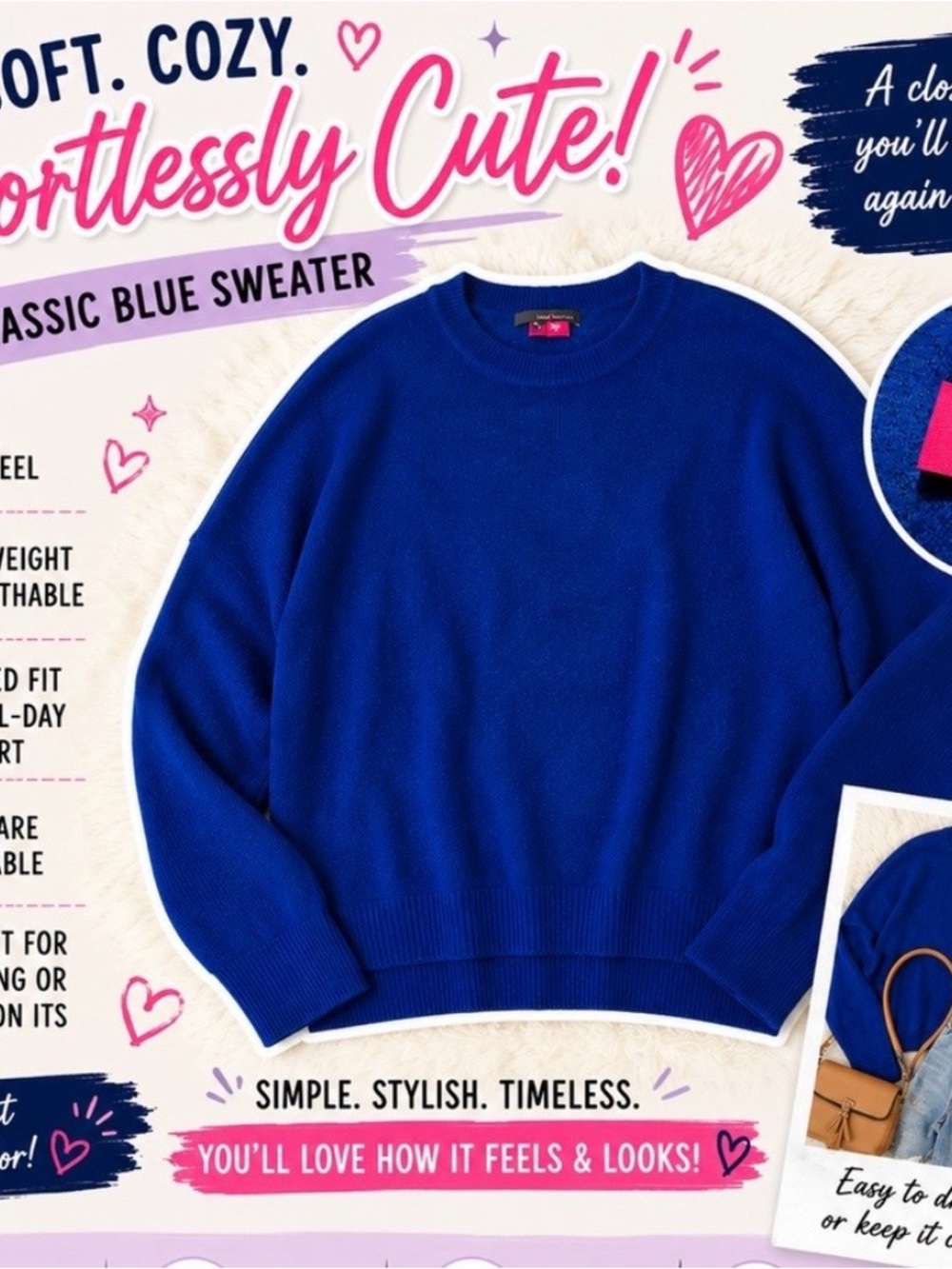 Vince Camuto Classic Royal Blue Crewneck Sweater